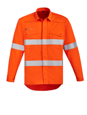 Syzmik | Mens Orange Flame Hi Vis Open Front Shirt - Hoop Taped | ZW145